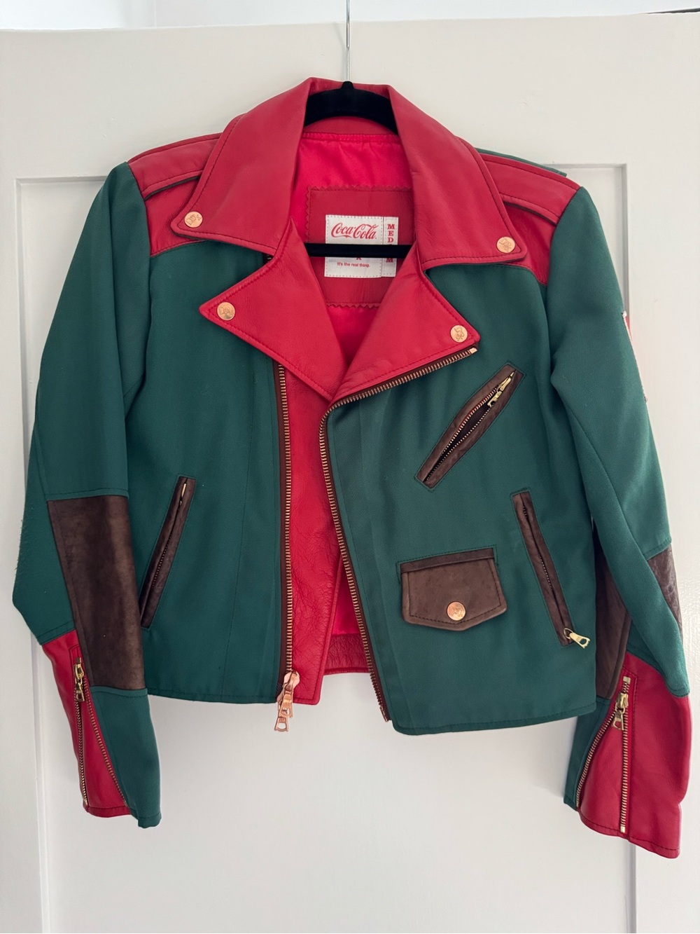 Coca-Cola Green and Red Leather Moto Jacket with Brown Suede Accents